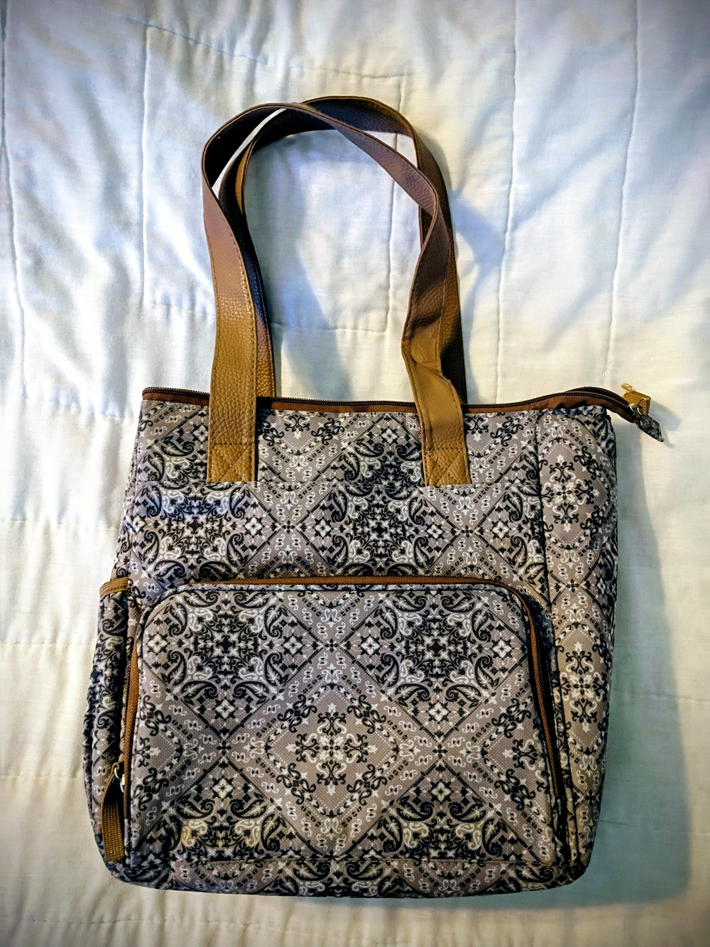 Neutral Patterned Tote Bag with Tan Handles